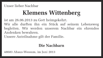 Traueranzeige von Klemens Wittenberg von Münstersche Zeitung und Münsterland Zeitung