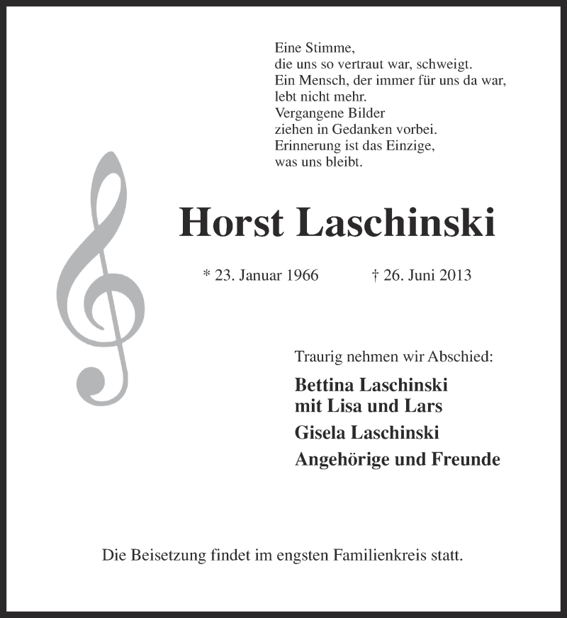  Traueranzeige für Horst Laschinski vom 29.06.2013 aus Ruhr Nachrichten