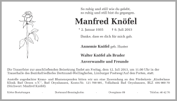 Traueranzeigen von Manfred Knöfel | sich-erinnern.de