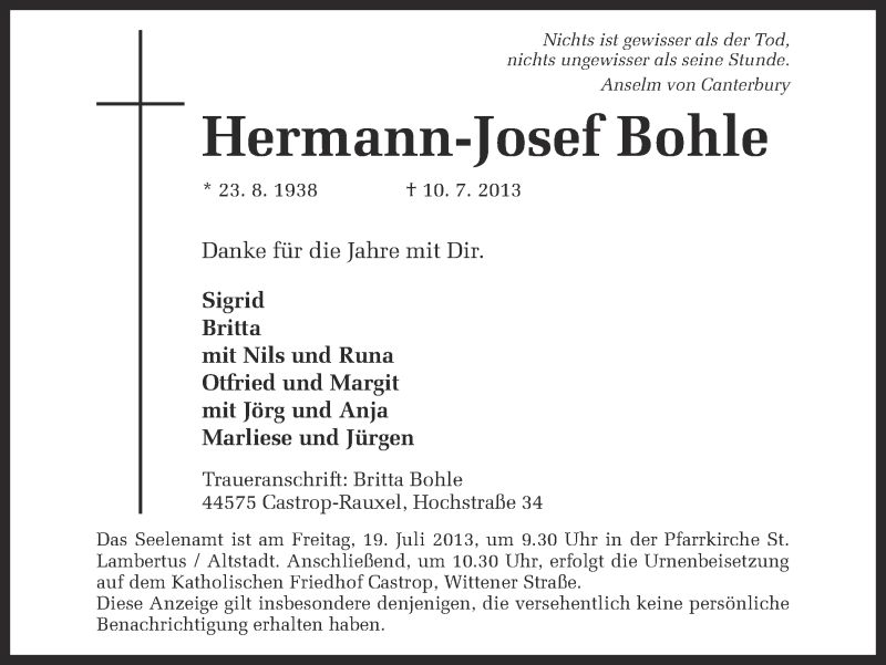  Traueranzeige für Hermann-Josef Bohle vom 17.07.2013 aus Ruhr Nachrichten