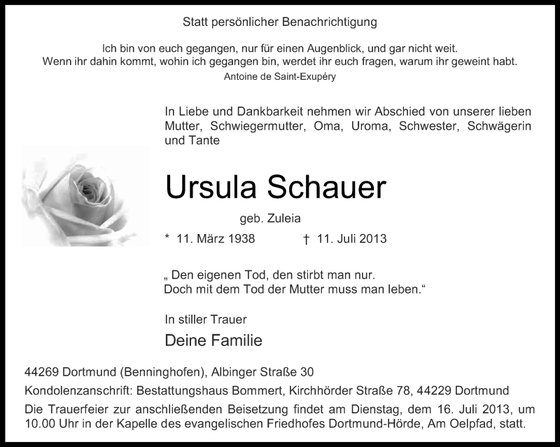  Traueranzeige für Ursula Schauer vom 13.07.2013 aus Ruhr Nachrichten