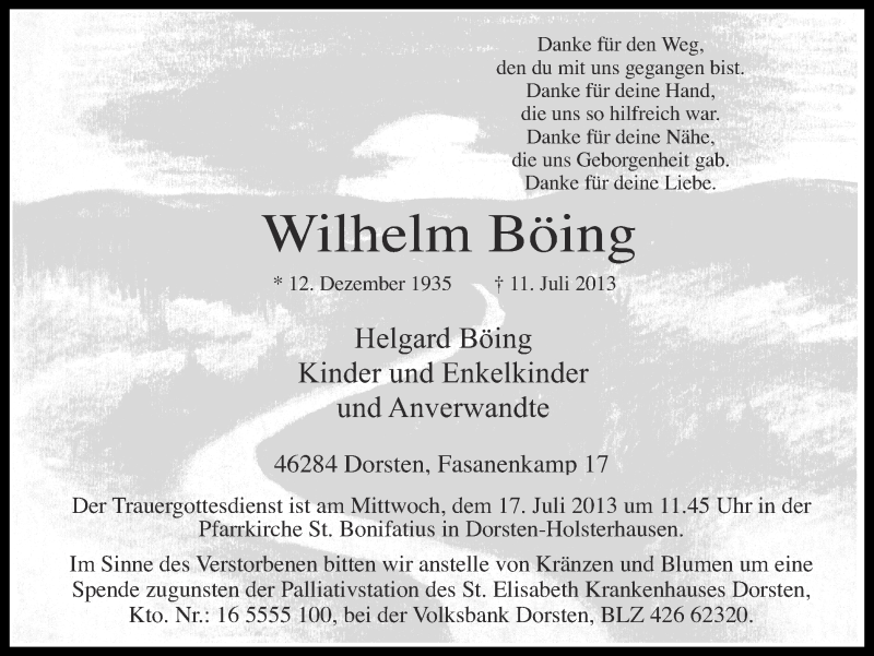  Traueranzeige für Wilhelm Bing vom 15.07.2013 aus Ruhr Nachrichten und Dorstener Zeitung