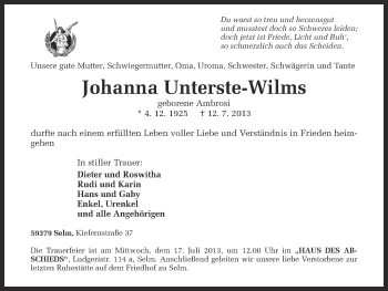 Traueranzeige von Johanna Unterste-Wilms von Ruhr Nachrichten