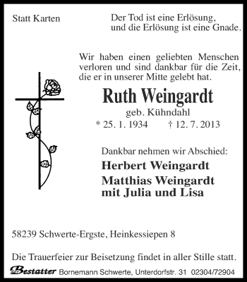 Traueranzeige von Ruth Weingardt von Ruhr Nachrichten