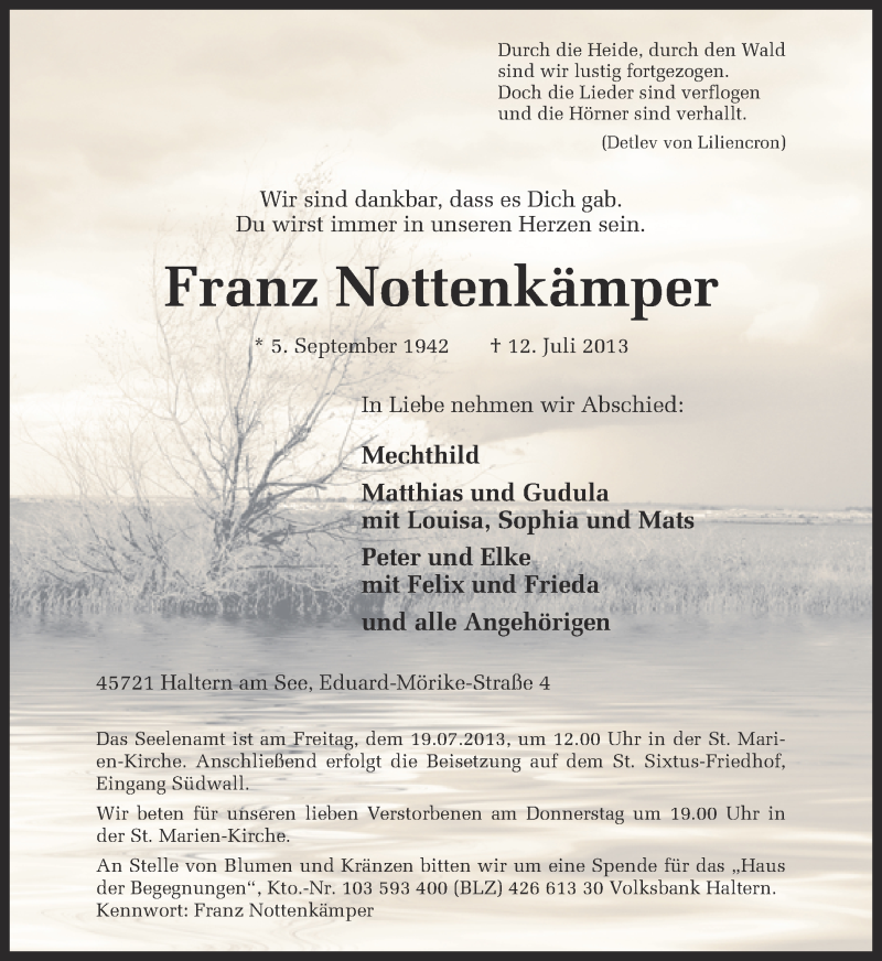  Traueranzeige für Franz Nottenkämper vom 15.07.2013 aus Ruhr Nachrichten und Halterner Zeitung