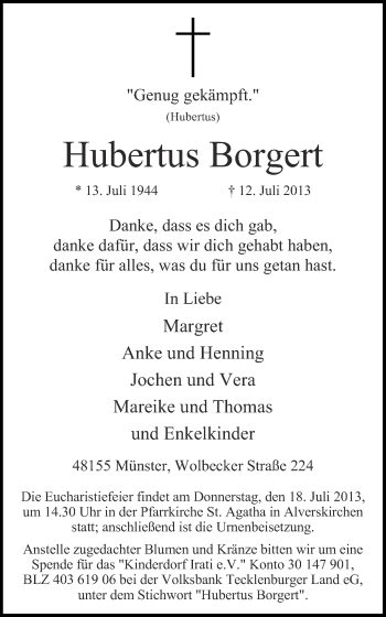 Traueranzeige von Hubertus Borgert von Münstersche Zeitung und Grevener Zeitung