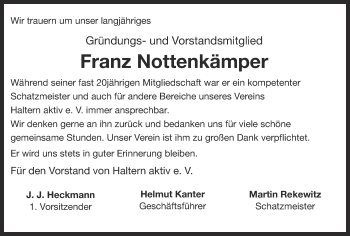 Traueranzeige von Franz Nottenkämper von Ruhr Nachrichten und Halterner Zeitung