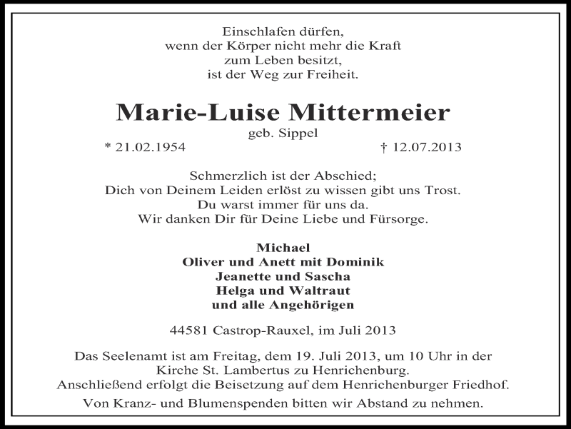  Traueranzeige für Marie-Luise Mittermeier vom 17.07.2013 aus Ruhr Nachrichten