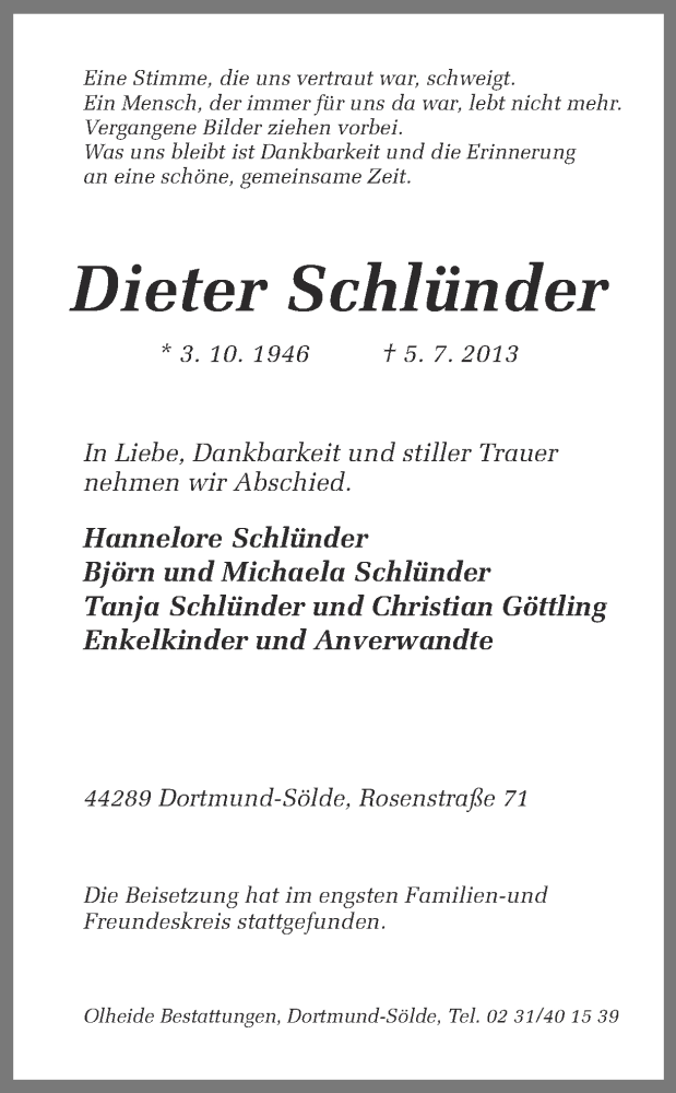  Traueranzeige für Dieter Schlünder vom 18.07.2013 aus Ruhr Nachrichten