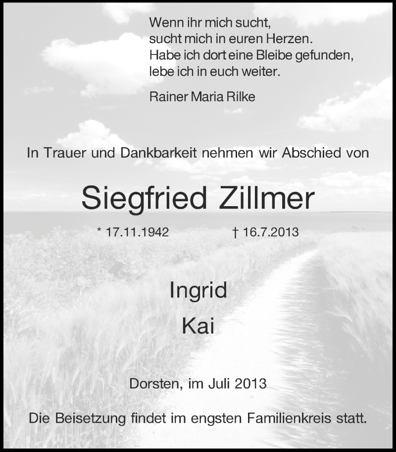  Traueranzeige für Siegfried Zillmer vom 19.07.2013 aus Ruhr Nachrichten und Dorstener Zeitung