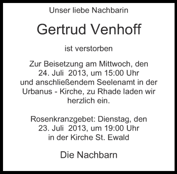 Traueranzeige von Gertrud Venhoff von Ruhr Nachrichten und Dorstener Zeitung