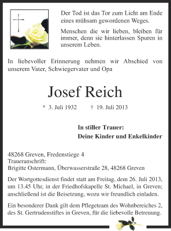 Traueranzeige von Josef Reich von Münstersche Zeitung und Grevener Zeitung