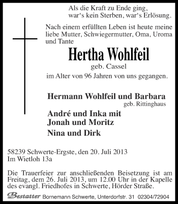 Traueranzeige von Hertha Wohlfeil von Ruhr Nachrichten