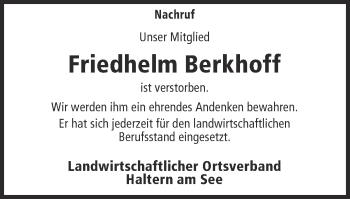 Traueranzeige von Friedhelm Berkhoff von Ruhr Nachrichten und Halterner Zeitung