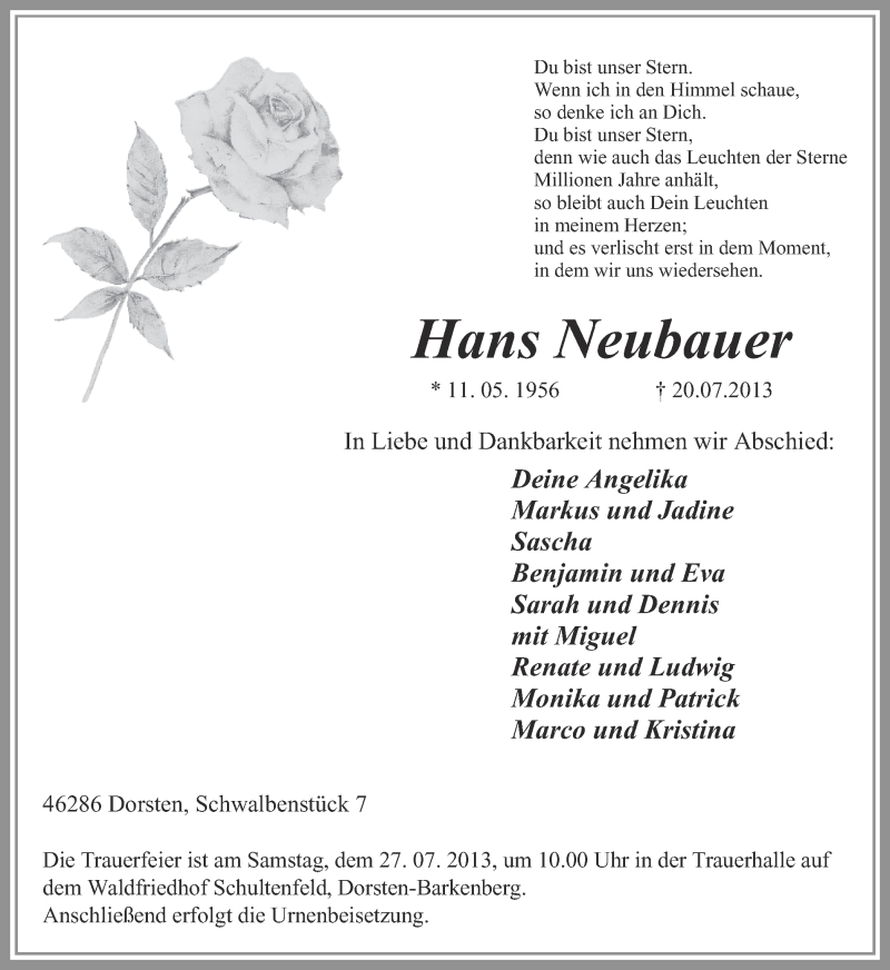  Traueranzeige für Hans Neubauer vom 23.07.2013 aus Ruhr Nachrichten und Dorstener Zeitung