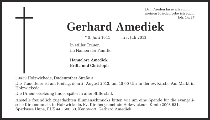  Traueranzeige für Gerhard Amediek vom 25.07.2013 aus Ruhr Nachrichten
