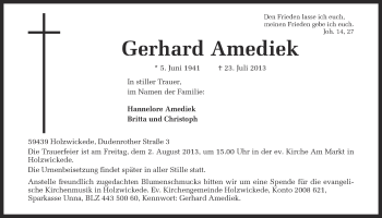 Traueranzeige von Gerhard Amediek von Ruhr Nachrichten