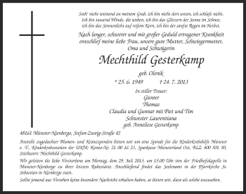 Traueranzeige von Mechthild Gesterkamp von Münstersche Zeitung und Grevener Zeitung