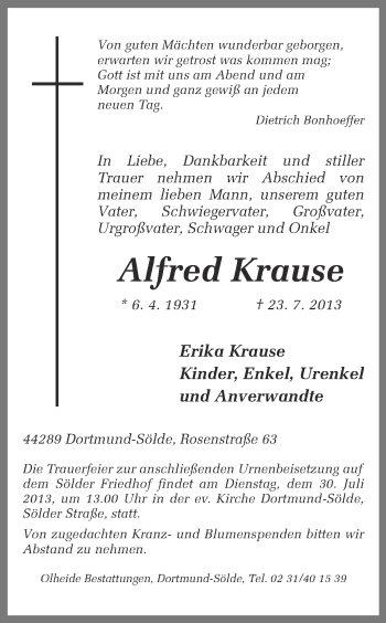 Traueranzeige von Alfred Krause von Ruhr Nachrichten
