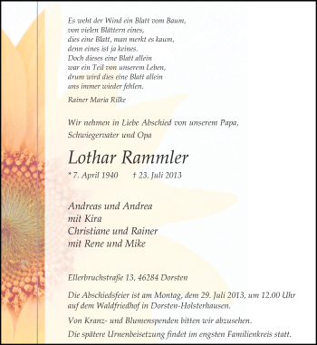 Traueranzeige von Lothar Rammler von Ruhr Nachrichten und Dorstener Zeitung