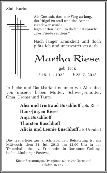 Traueranzeige von Martha Riese von Ruhr Nachrichten