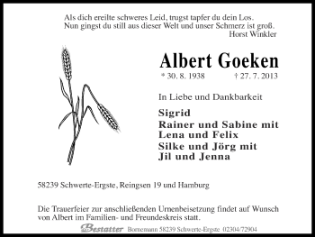 Traueranzeige von Albert Goeken von Ruhr Nachrichten