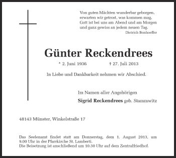 Traueranzeige von Günter Reckendrees von Münstersche Zeitung und Grevener Zeitung