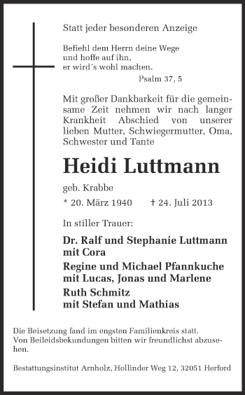 Traueranzeige von Heidi Luttmann von Ruhr Nachrichten