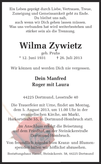 Traueranzeige von Wilma Zywietz von Ruhr Nachrichten