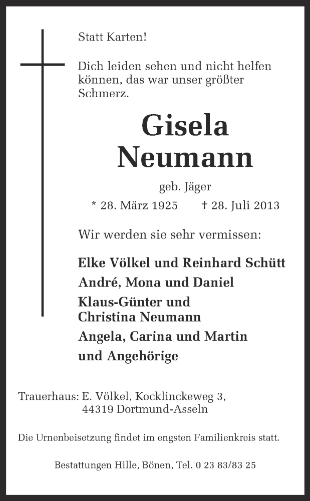  Traueranzeige für Gisela Neumann vom 31.07.2013 aus Ruhr Nachrichten