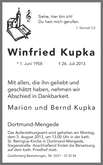 Traueranzeige von Winfried Kupka von Ruhr Nachrichten