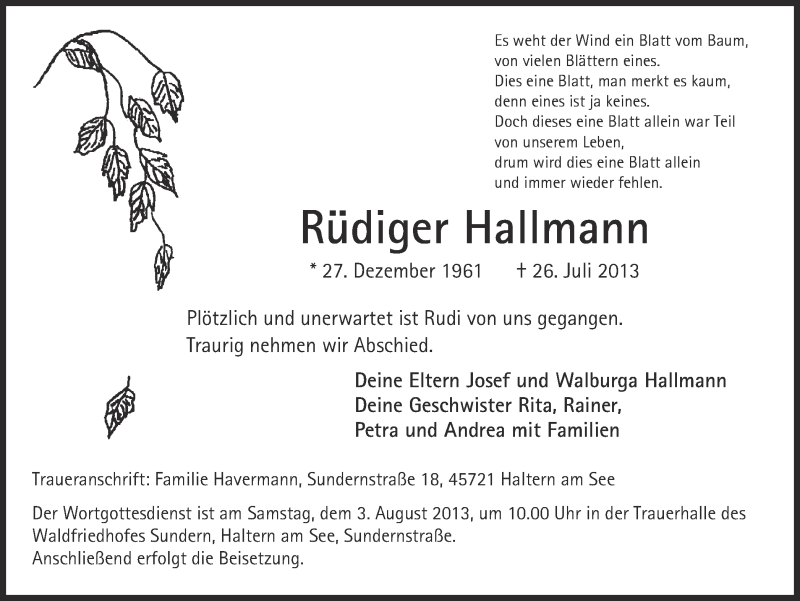  Traueranzeige für Rüdiger Hallmann vom 31.07.2013 aus Ruhr Nachrichten und Halterner Zeitung