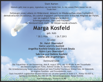 Traueranzeige von Marga Kosfeld von Ruhr Nachrichten