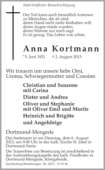 Traueranzeige von Anna Kortmann von Ruhr Nachrichten