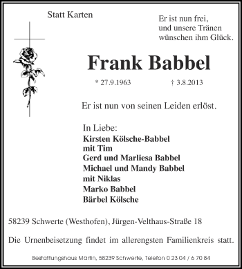 Traueranzeige von Frank Babbel von Ruhr Nachrichten