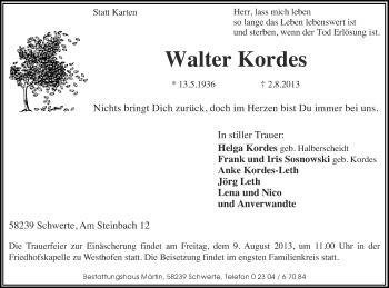 Traueranzeige von Walter Kordes von Ruhr Nachrichten
