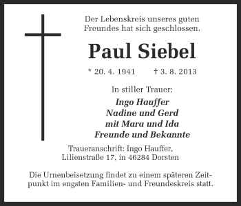 Traueranzeige von Paul Siebel von Ruhr Nachrichten und Dorstener Zeitung