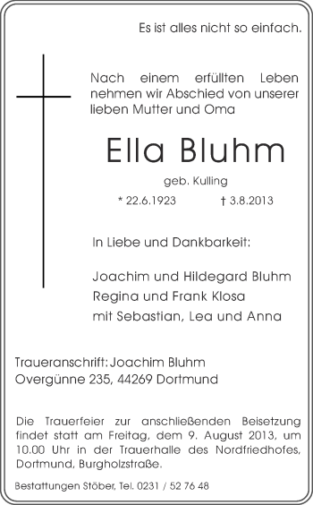 Traueranzeige von Ella Bluhm von Ruhr Nachrichten