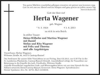 Traueranzeige von Herta Wagener von Ruhr Nachrichten