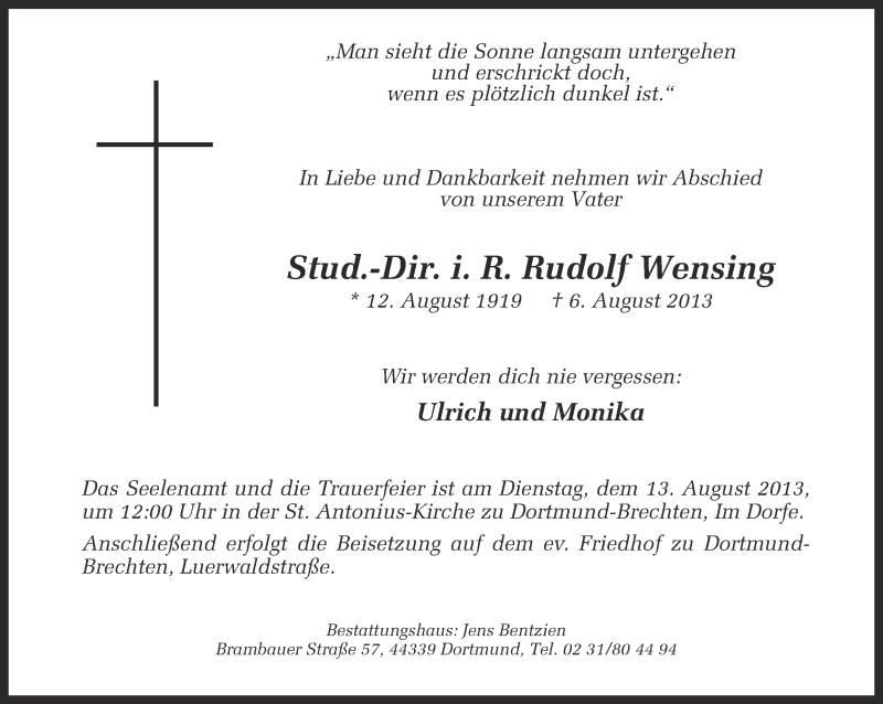  Traueranzeige für Rudolf Wensing vom 08.08.2013 aus Ruhr Nachrichten