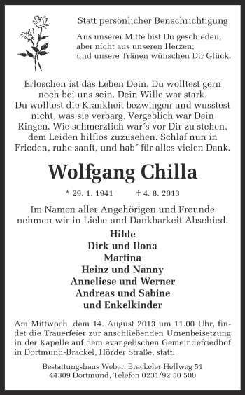Traueranzeige von Wolfgang Chilla von Ruhr Nachrichten