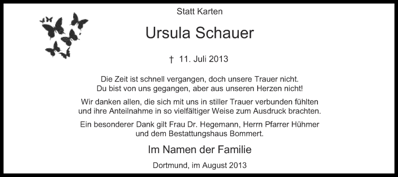  Traueranzeige für Ursula Schauer vom 10.08.2013 aus Ruhr Nachrichten
