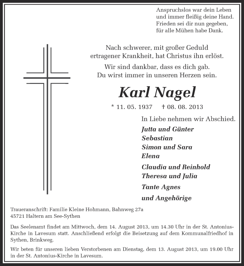  Traueranzeige für Karl Nagel vom 10.08.2013 aus Ruhr Nachrichten und Halterner Zeitung