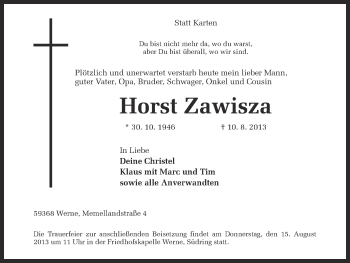Traueranzeige von Horst Zawisza von Ruhr Nachrichten