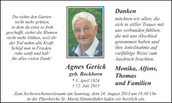 Traueranzeige von Agnes Gerick von Münstersche Zeitung und Münsterland Zeitung