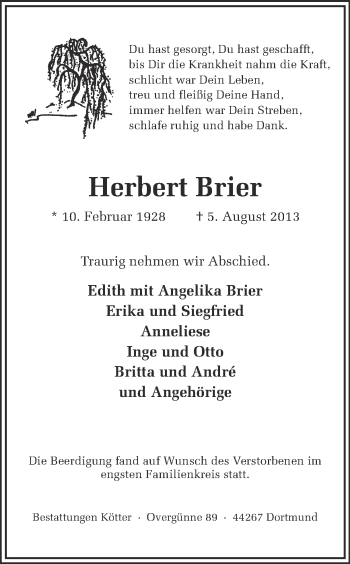 Traueranzeige von Herbert Brier von Ruhr Nachrichten