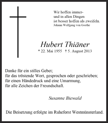 Traueranzeige von Hubert Thiäner von Ruhr Nachrichten und Halterner Zeitung