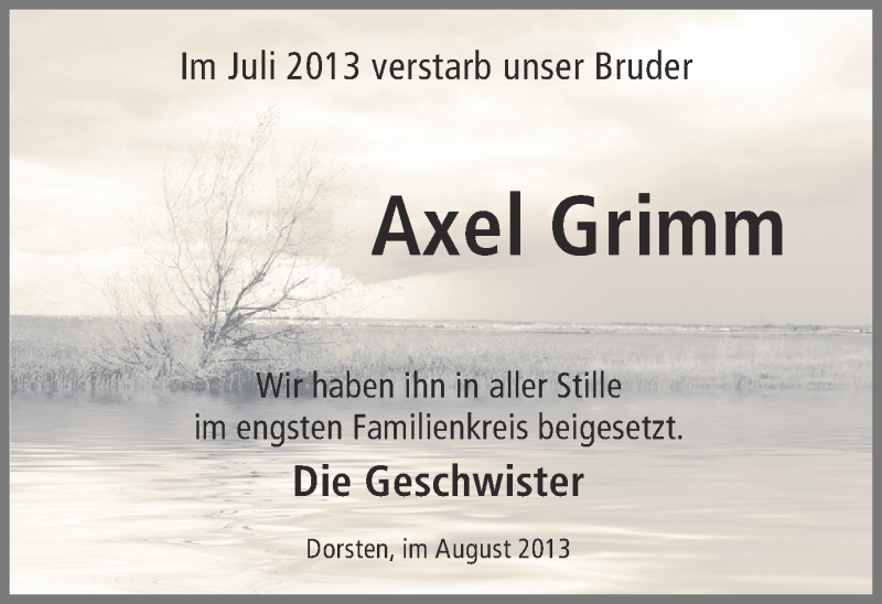  Traueranzeige für Axel Grimm vom 21.08.2013 aus Ruhr Nachrichten und Dorstener Zeitung