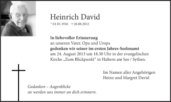 Traueranzeige von Heinrich David von Ruhr Nachrichten und Halterner Zeitung