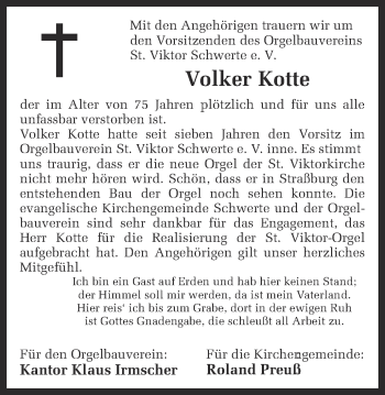 Traueranzeige von Volker Kotte von Ruhr Nachrichten